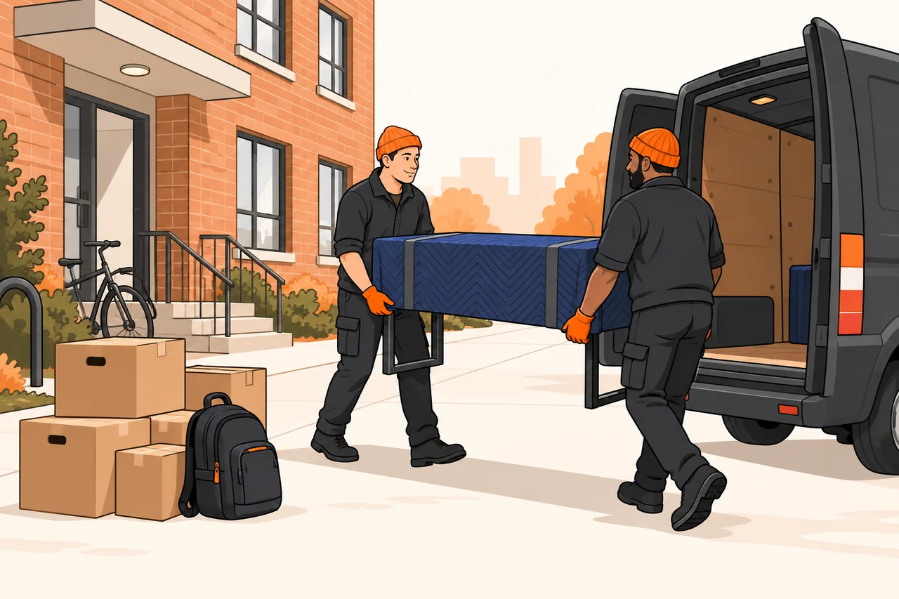 Two illustrated movers carrying a wrapped desk outside a student apartment
