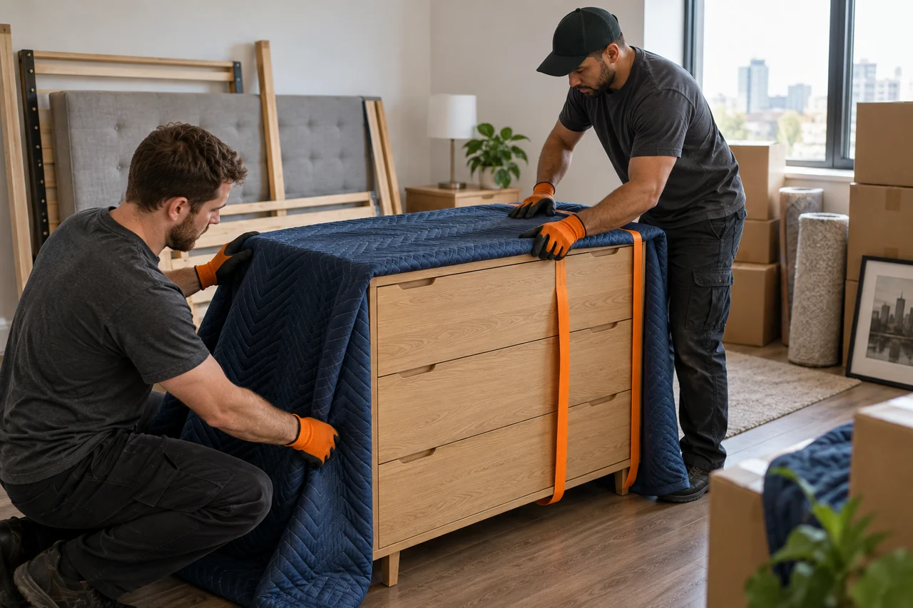 Illustrative scene of movers padding a dresser for a one-bedroom move