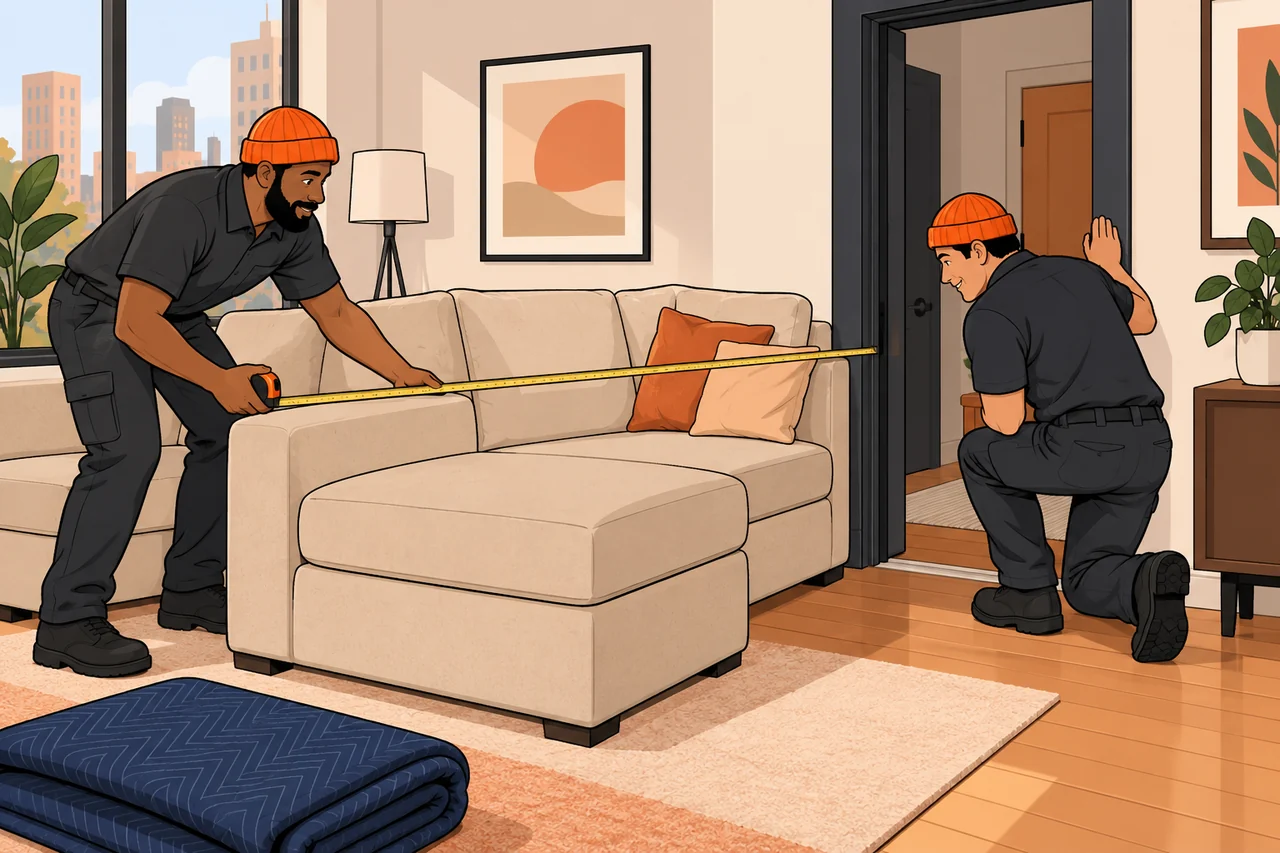 Illustrated movers measuring a sofa and doorway