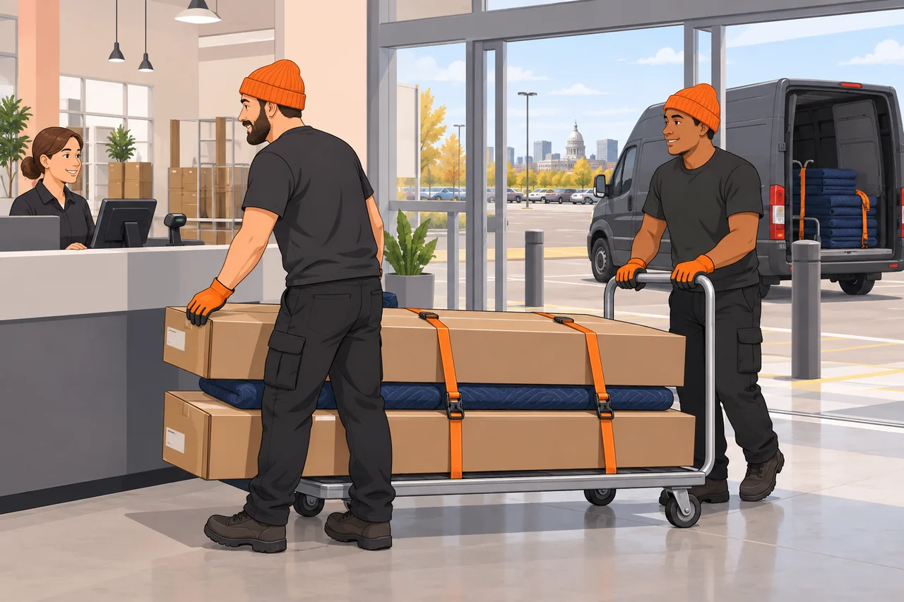 Illustrated movers collecting flatpack cartons at a store