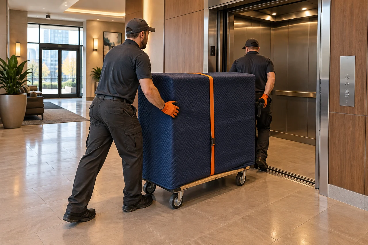 Illustrative scene of a dresser approaching a service elevator