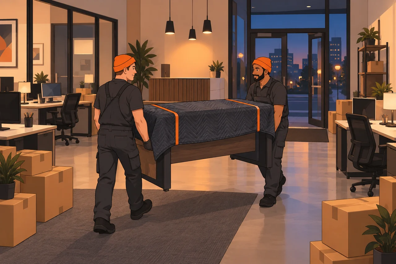 Illustrated movers carrying a desk after office hours