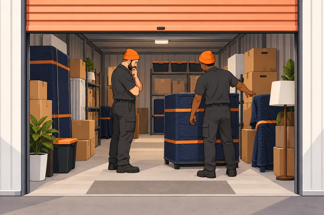 Illustrated movers arranging furniture in a storage unit
