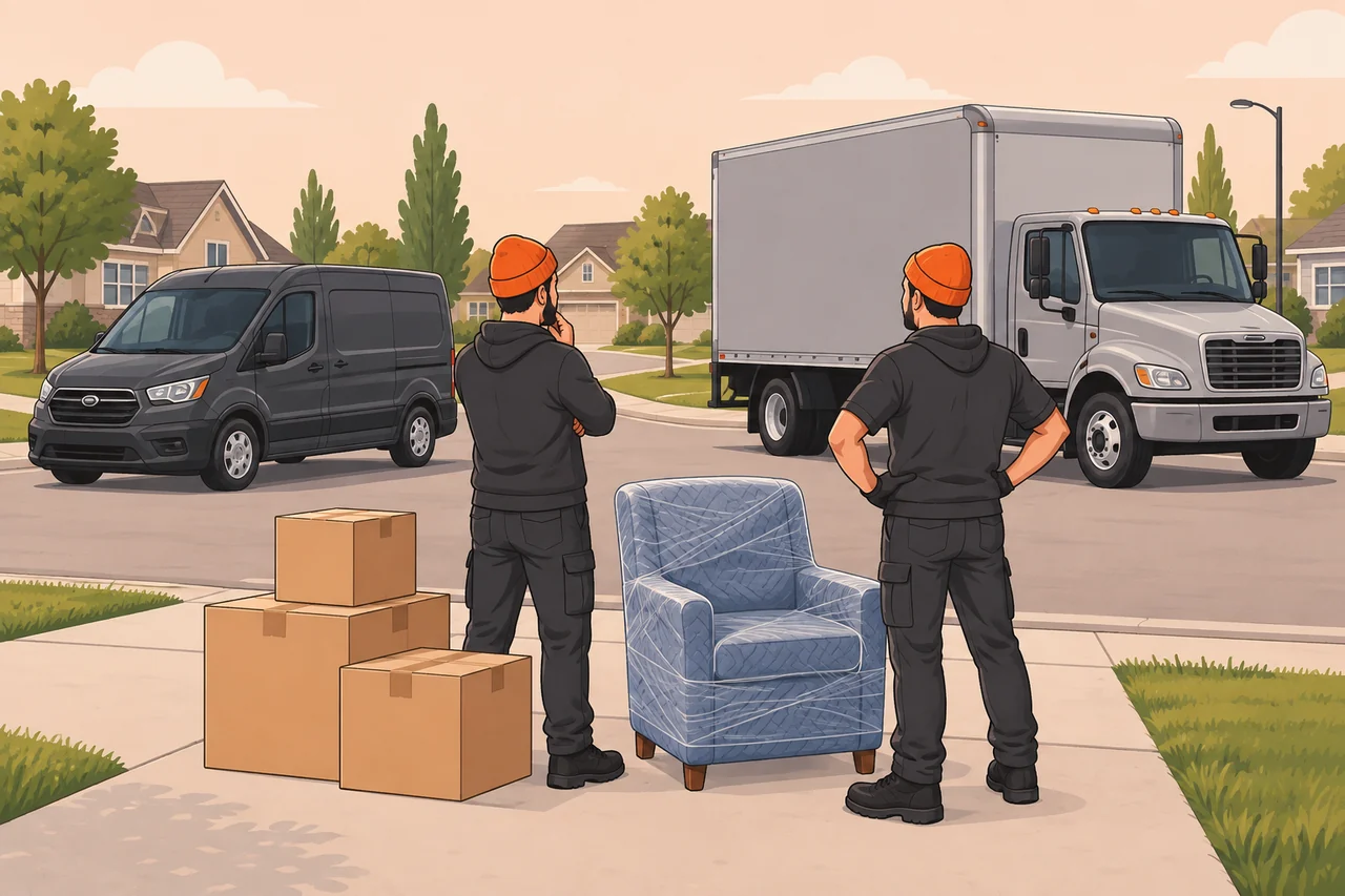 Illustration of a small load beside a van and a larger truck
