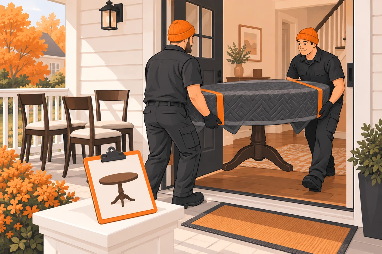 Illustrated movers delivering one table