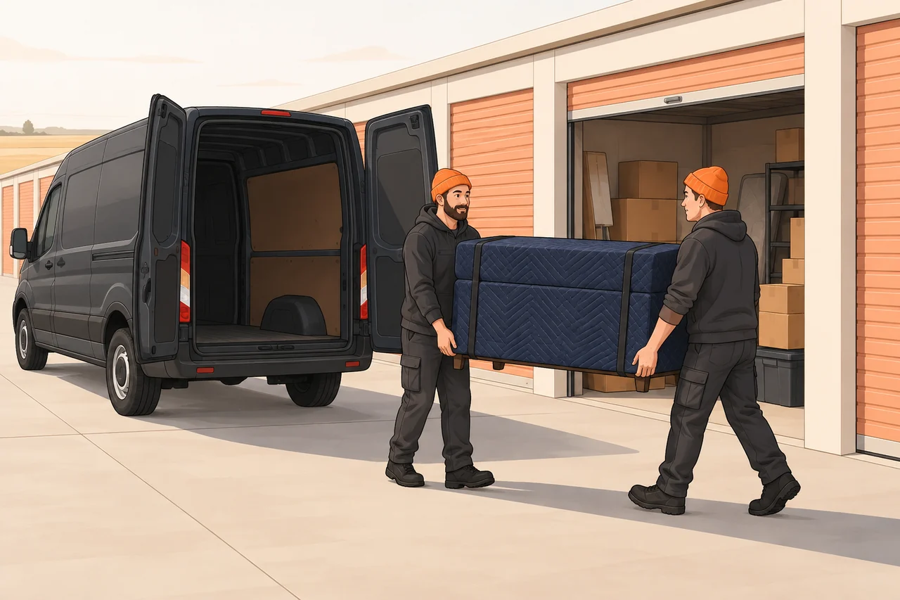 Illustrated retrieval of one dresser from a storage unit