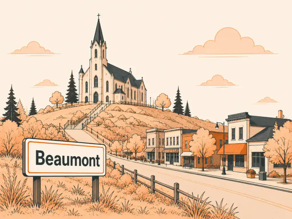Illustrated hilltop church above the main street with the Beaumont town sign