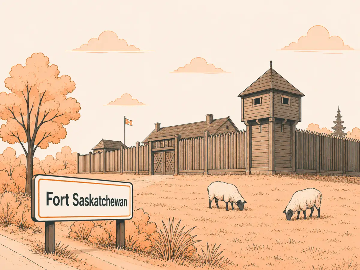 Illustrated wooden fort palisade with grazing sheep and the Fort Saskatchewan town sign