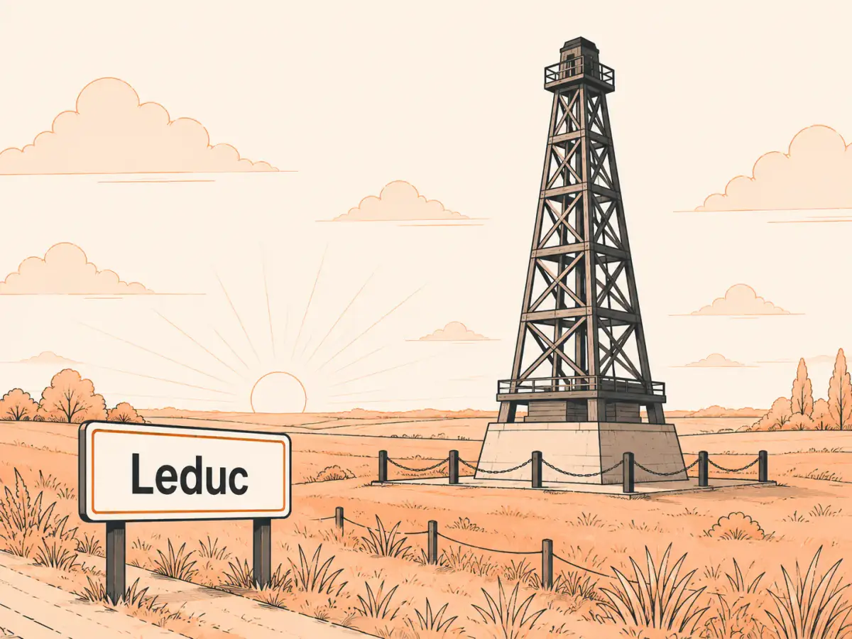Illustrated historic oil derrick on open prairie at sunrise with the Leduc town sign