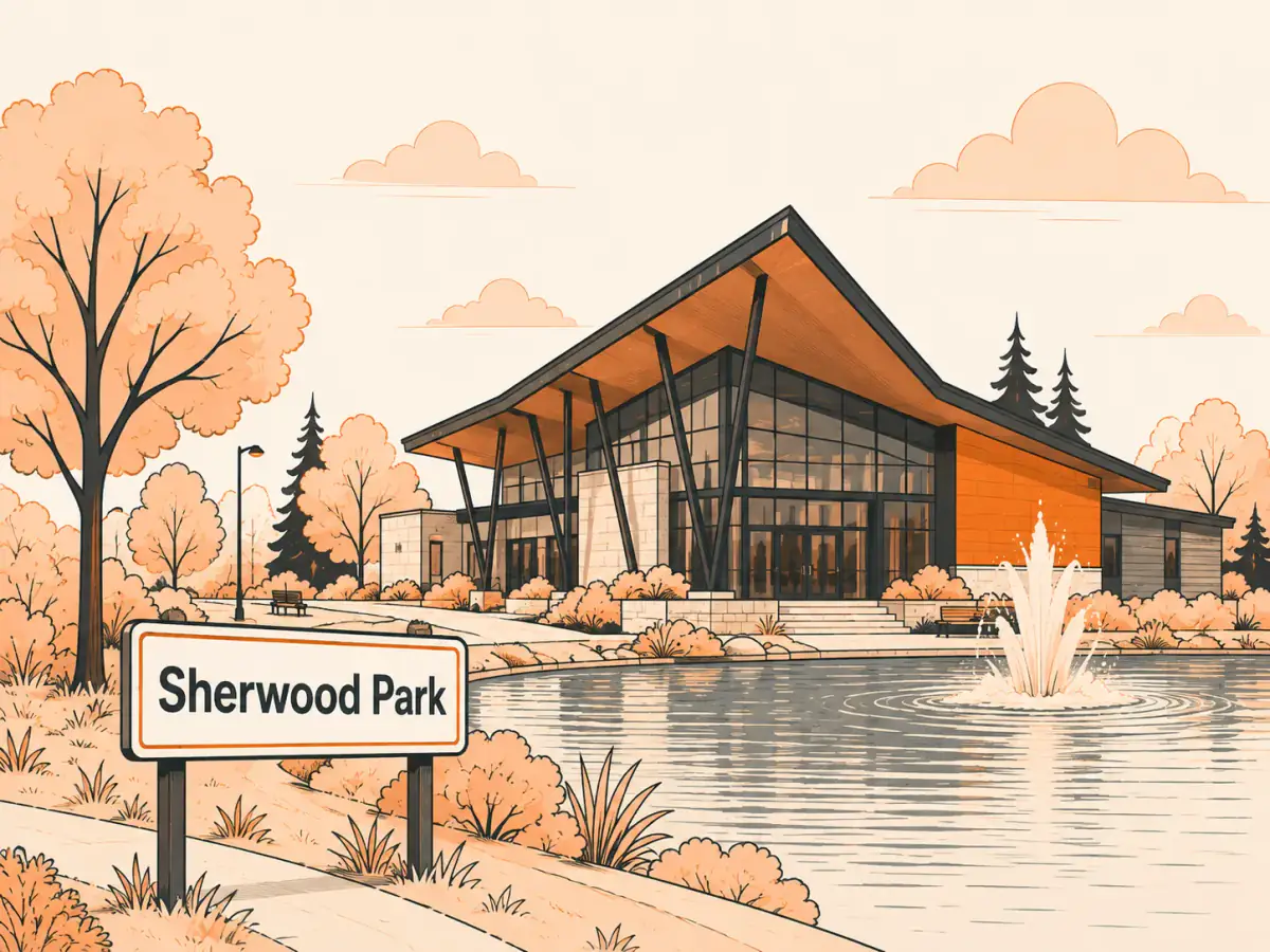 Illustrated peaked-roof arts pavilion beside a fountain lake with the Sherwood Park town sign