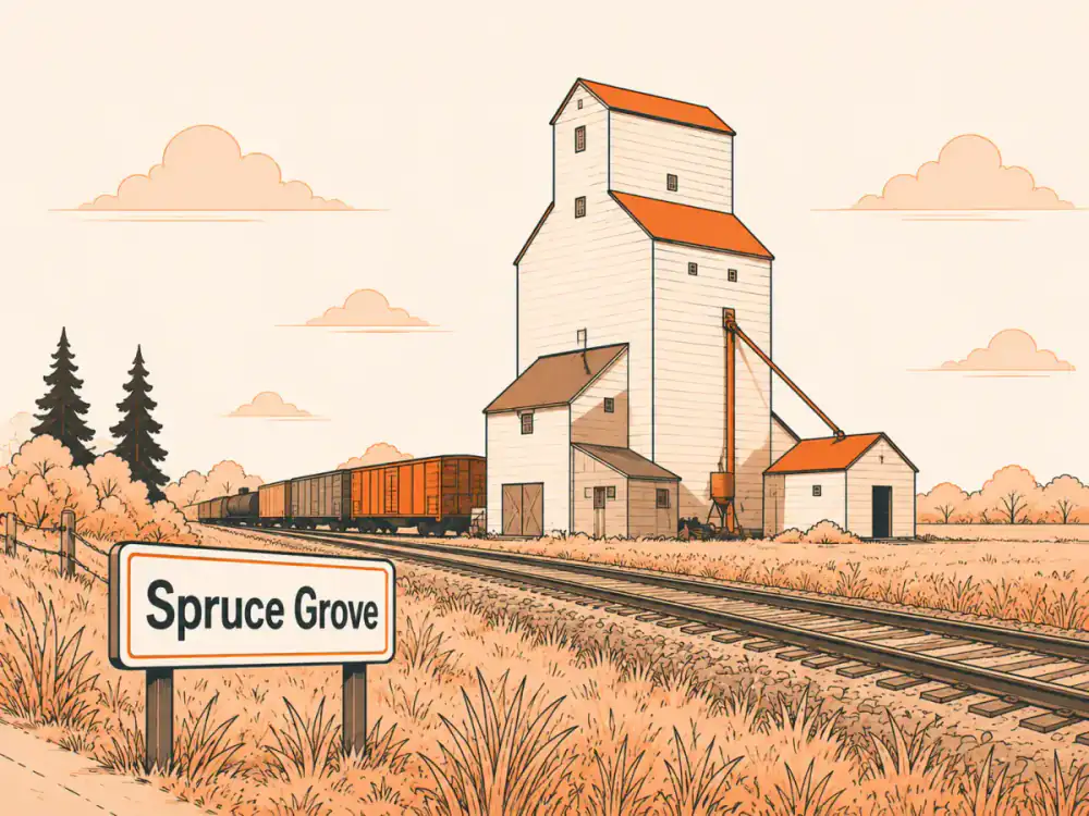 Illustrated wooden grain elevator beside the rail line with the Spruce Grove town sign
