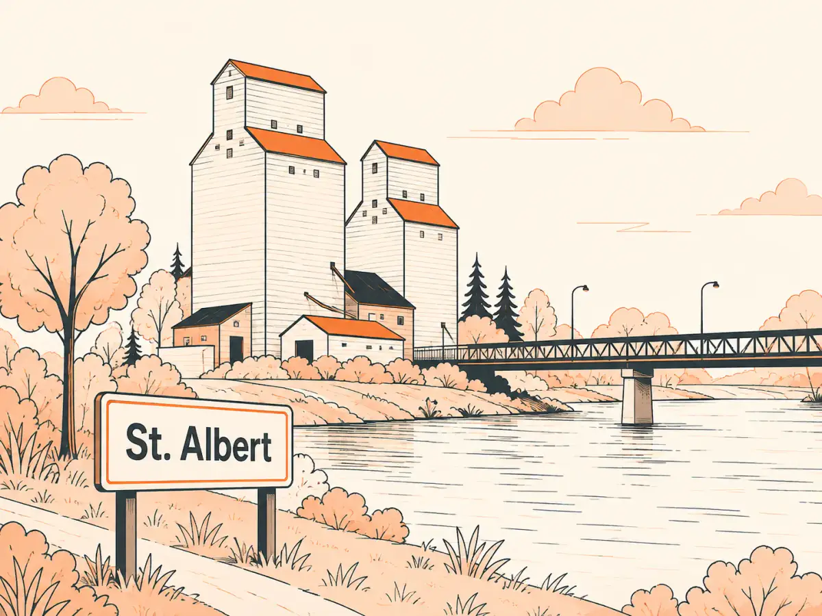 Illustrated grain elevators beside the river and walking bridge with the St. Albert town sign