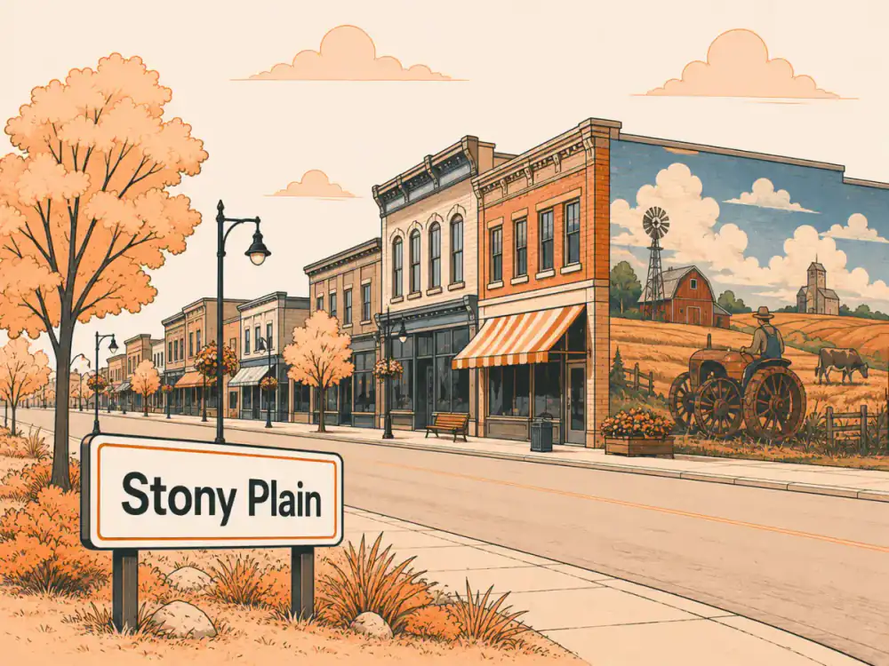 Illustrated main street with a prairie farm mural and the Stony Plain town sign
