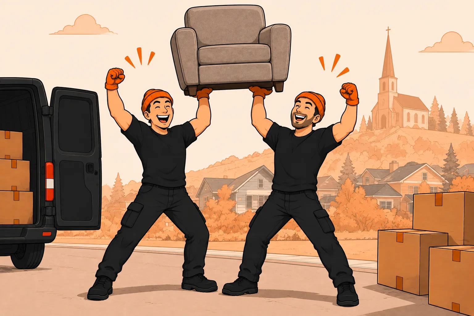 Micro Movers crew holding an armchair overhead like a trophy with the hilltop church behind