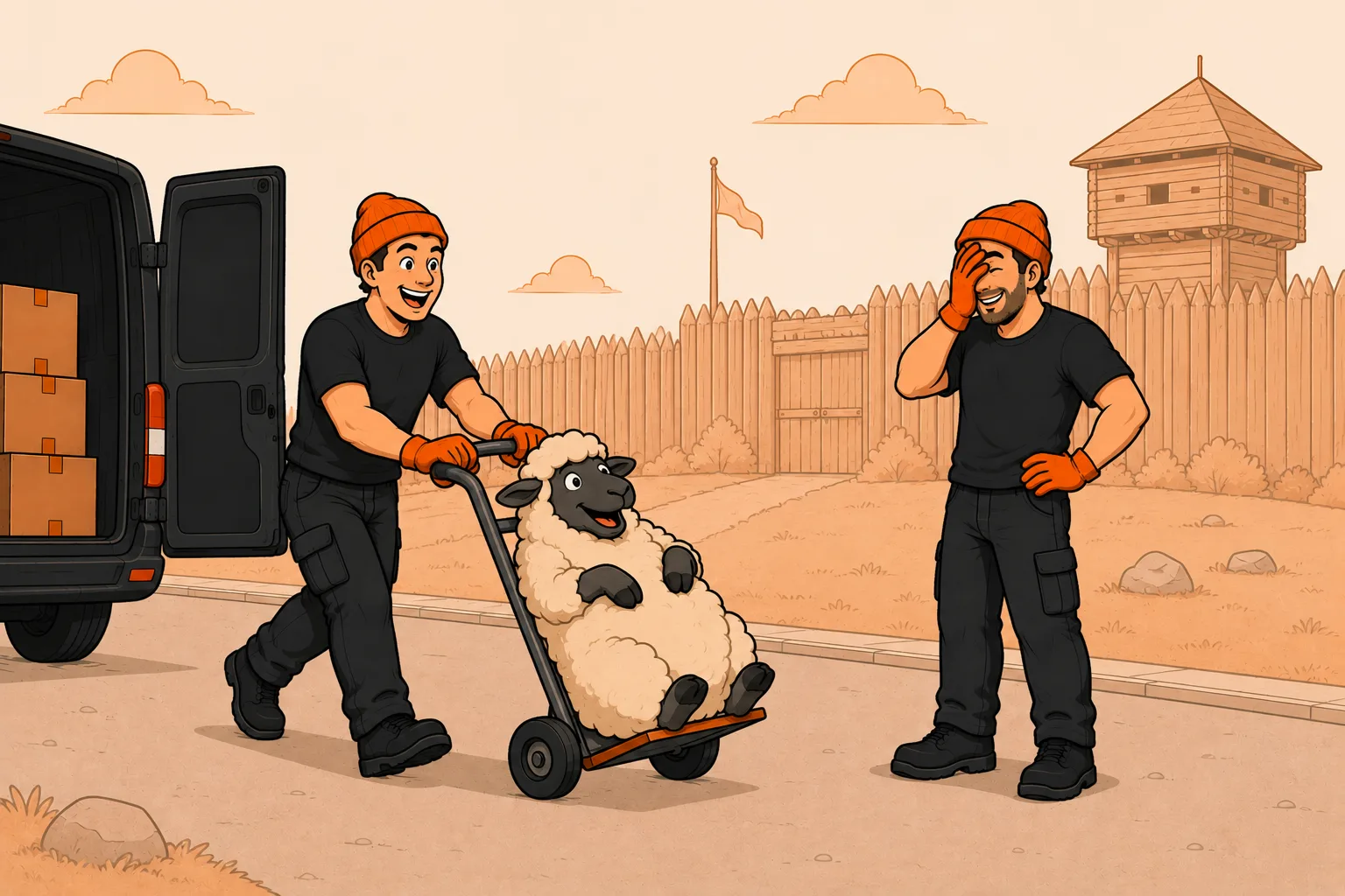 Mover wheeling a happy sheep in the hand truck while his crewmate facepalms at the fort