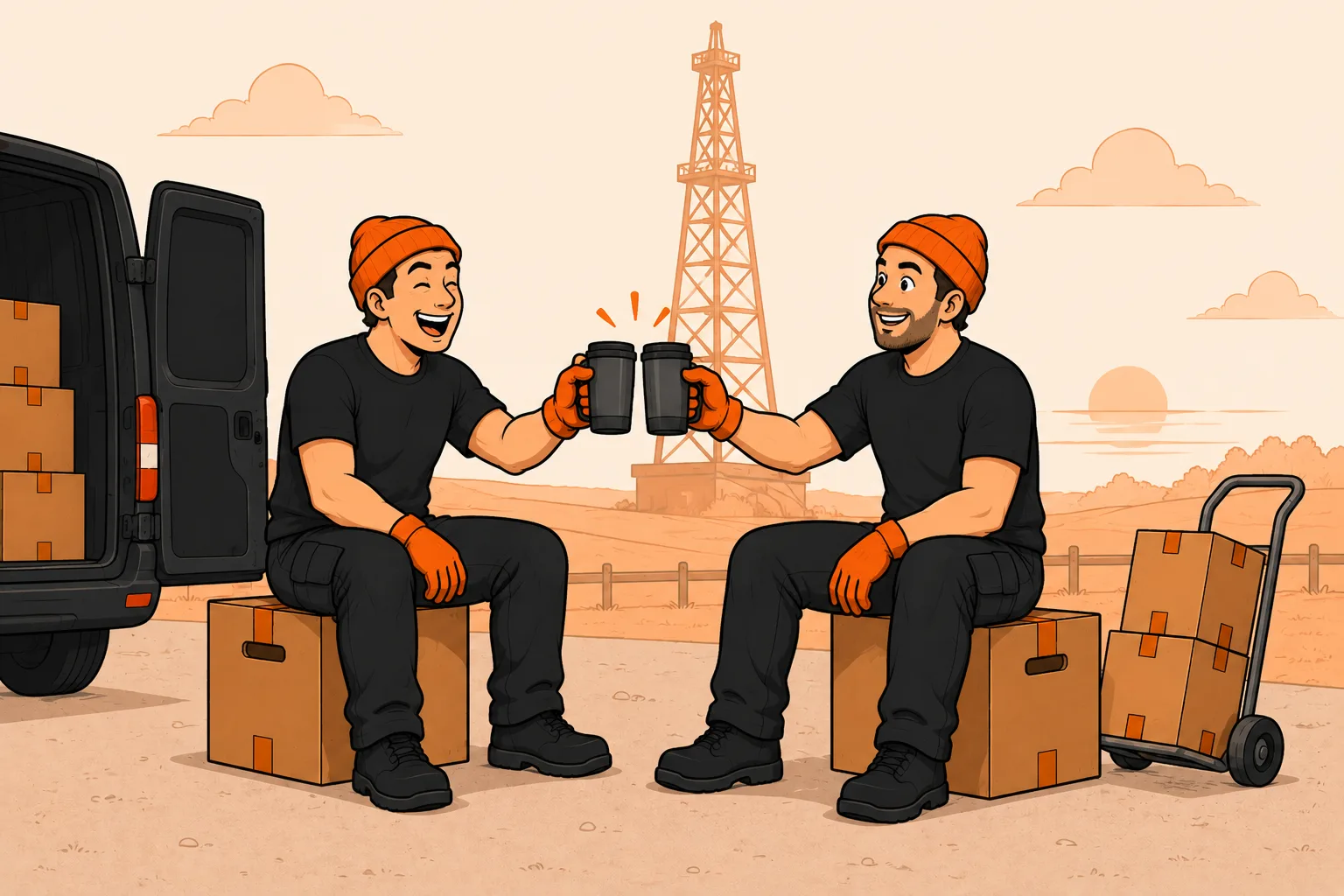 Micro Movers crew cheersing thermos cups on a coffee break with the oil derrick behind