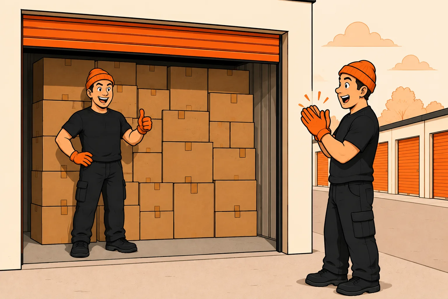 Mover giving a proud thumbs-up beside a perfectly stacked storage unit while his crewmate applauds