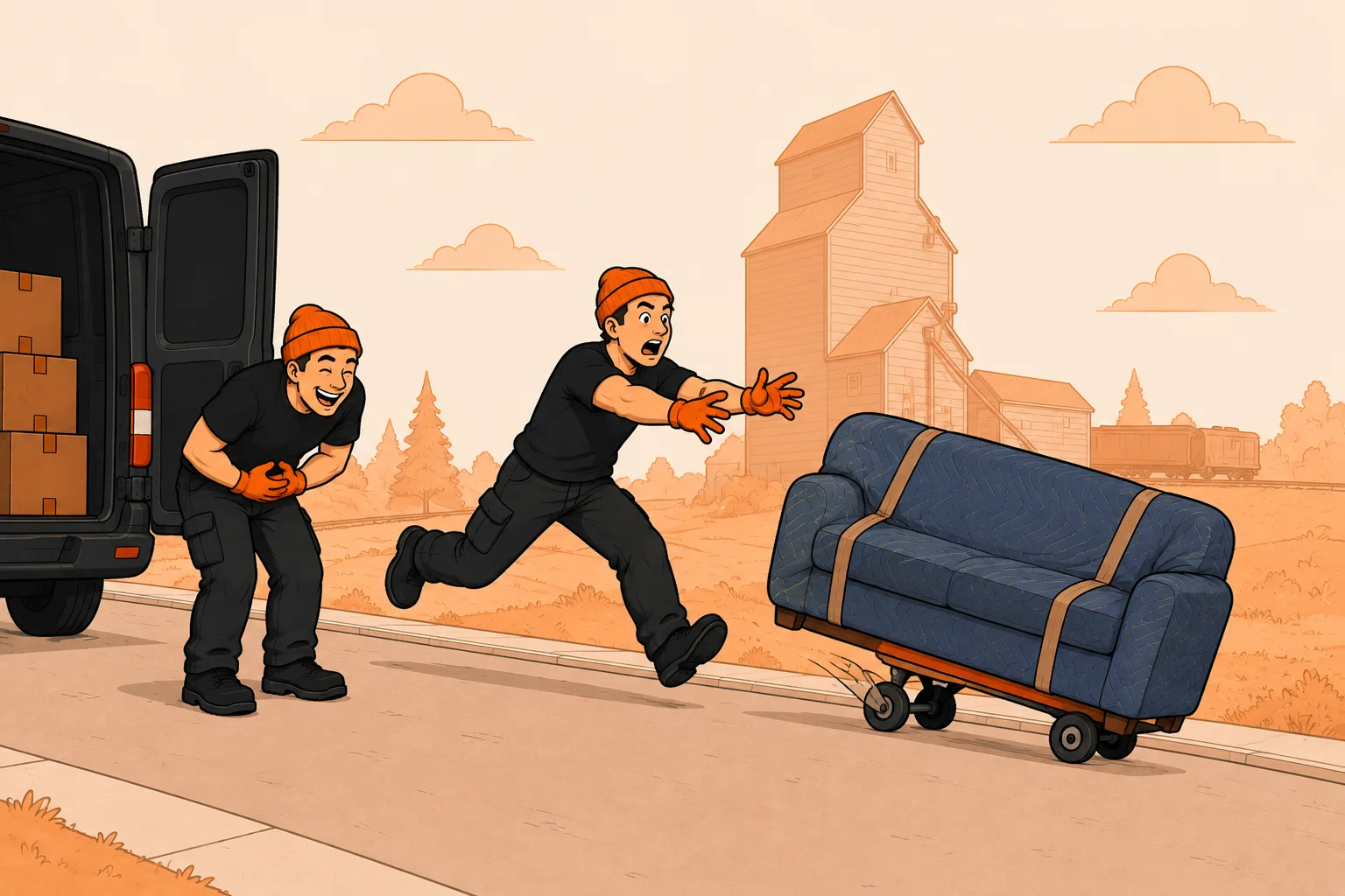 Mover chasing a runaway sofa dolly while his crewmate laughs, grain elevator behind