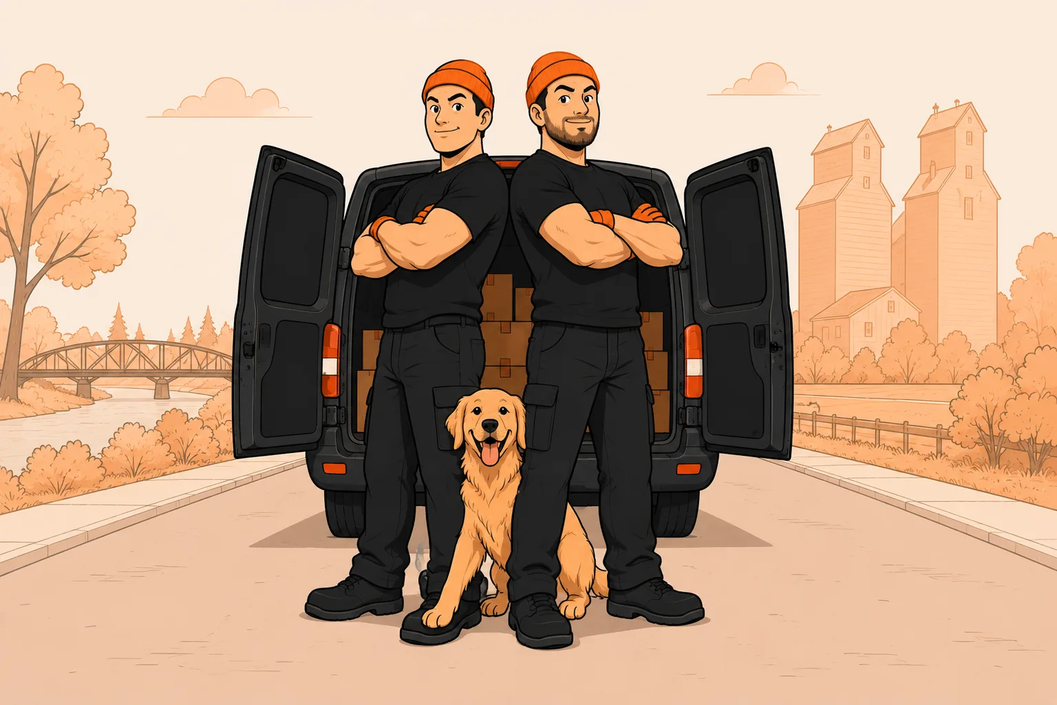 Micro Movers crew posing back to back at the open van with the dog photobombing, grain elevators behind