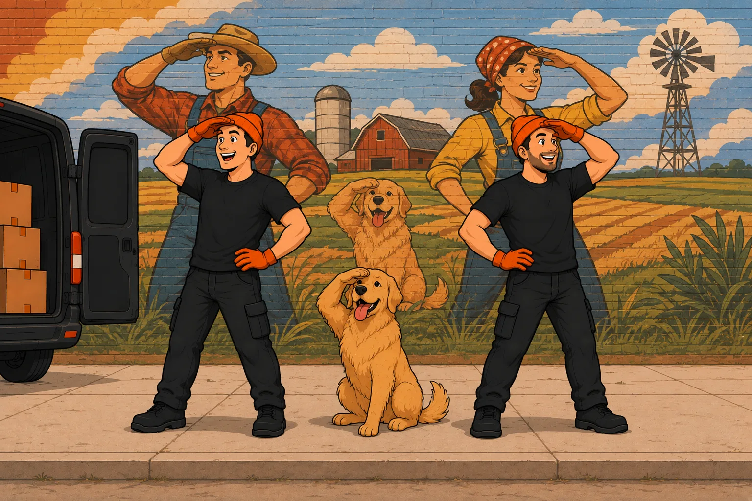 Micro Movers crew and the dog copying the poses of the farm mural behind them