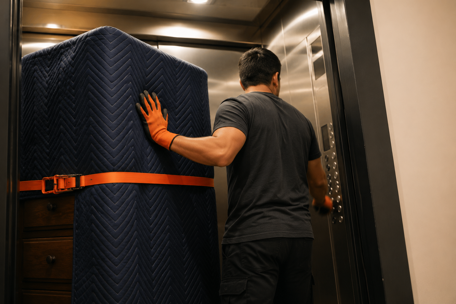Mover guiding a blanket-wrapped dresser with an orange strap into a condo elevator