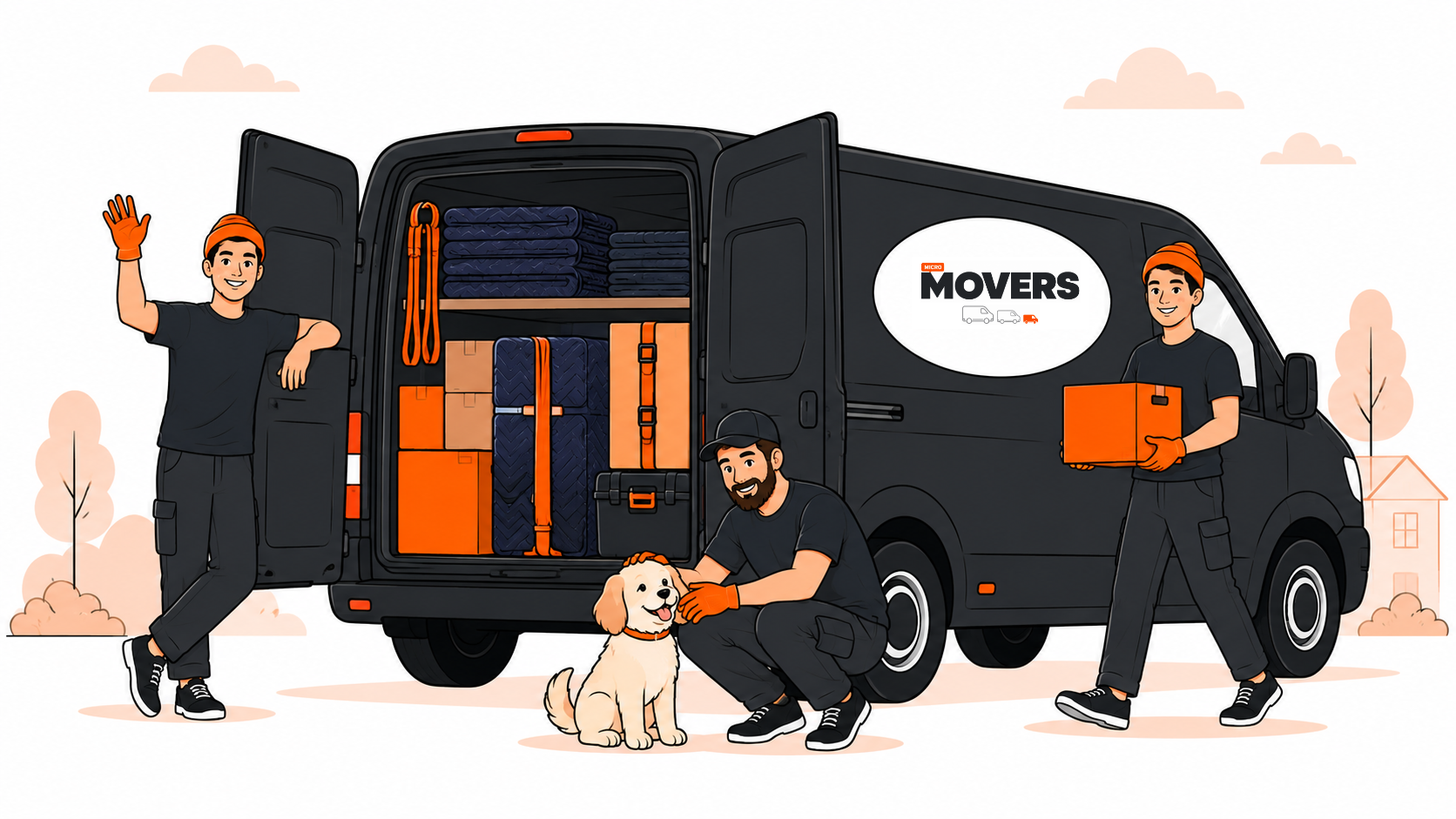 Micro Movers crew at the open branded van, one mover greeting a golden retriever