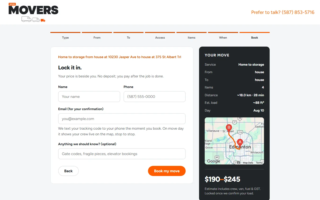 The booking step with the route map and locked flat price in the summary