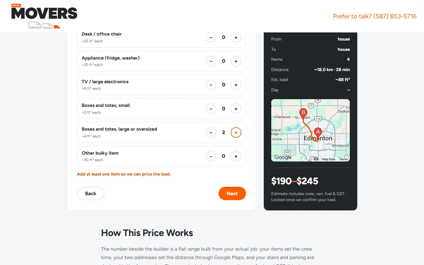 The Micro Movers price builder with items tapped in and the live price beside them