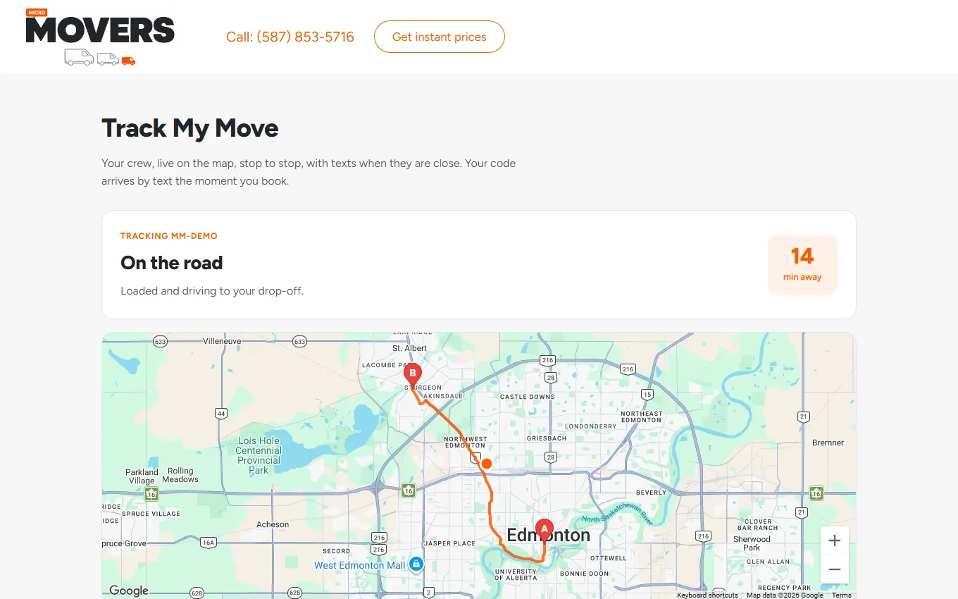 Live tracking of a demo move between Edmonton and St. Albert with the crew marker mid-route and minutes away