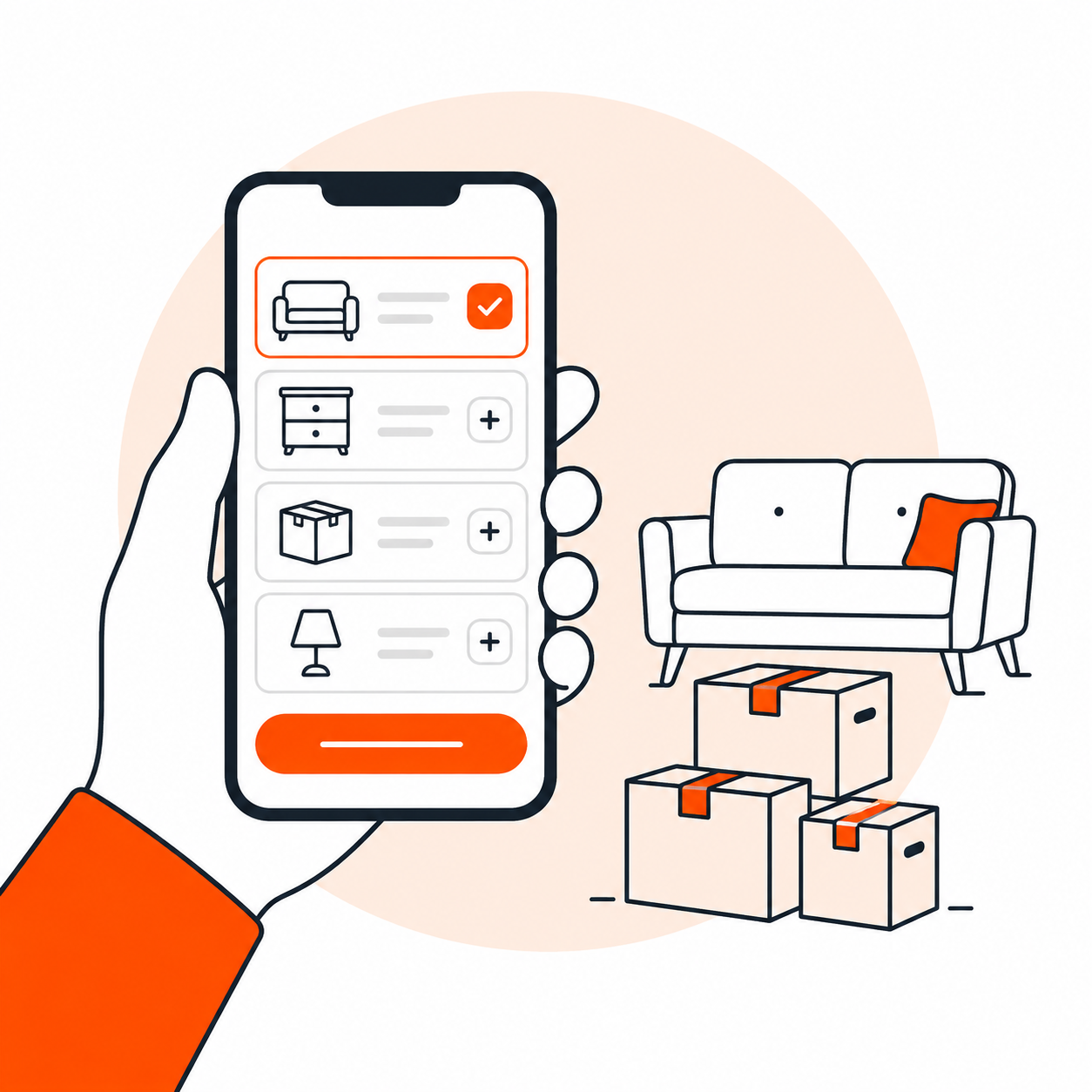 Hand holding a phone with an item-picker interface, sofa and boxes beside it