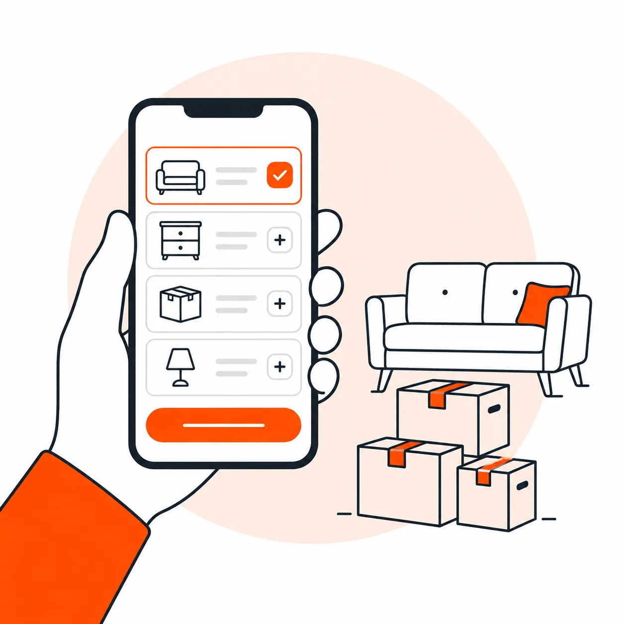 Hand holding a phone with an item-picker interface, sofa and boxes beside it