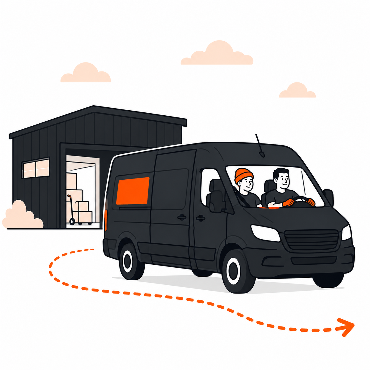 Micro Movers van pulling away from the depot with two movers in the cab