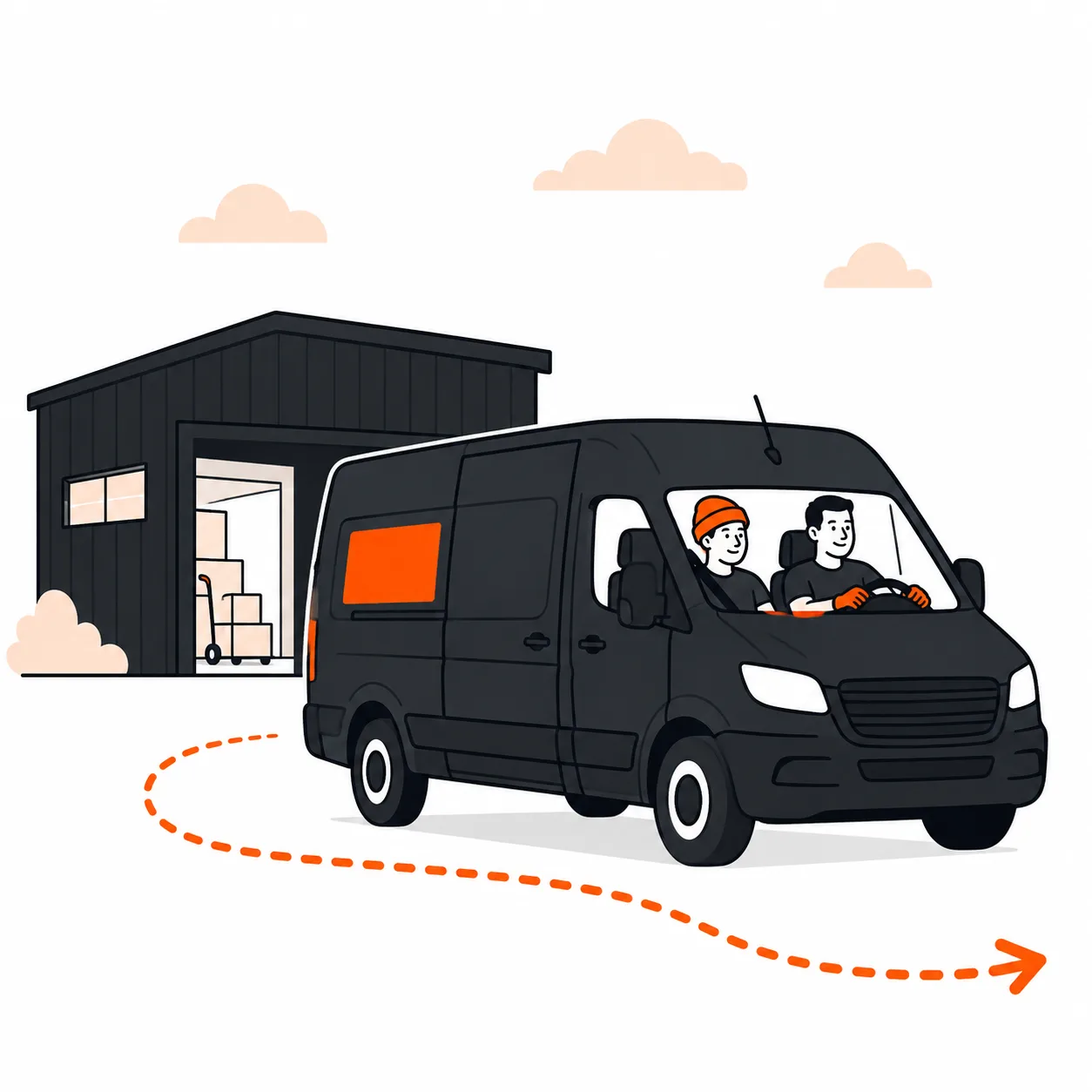 Micro Movers van pulling away from the depot with two movers in the cab
