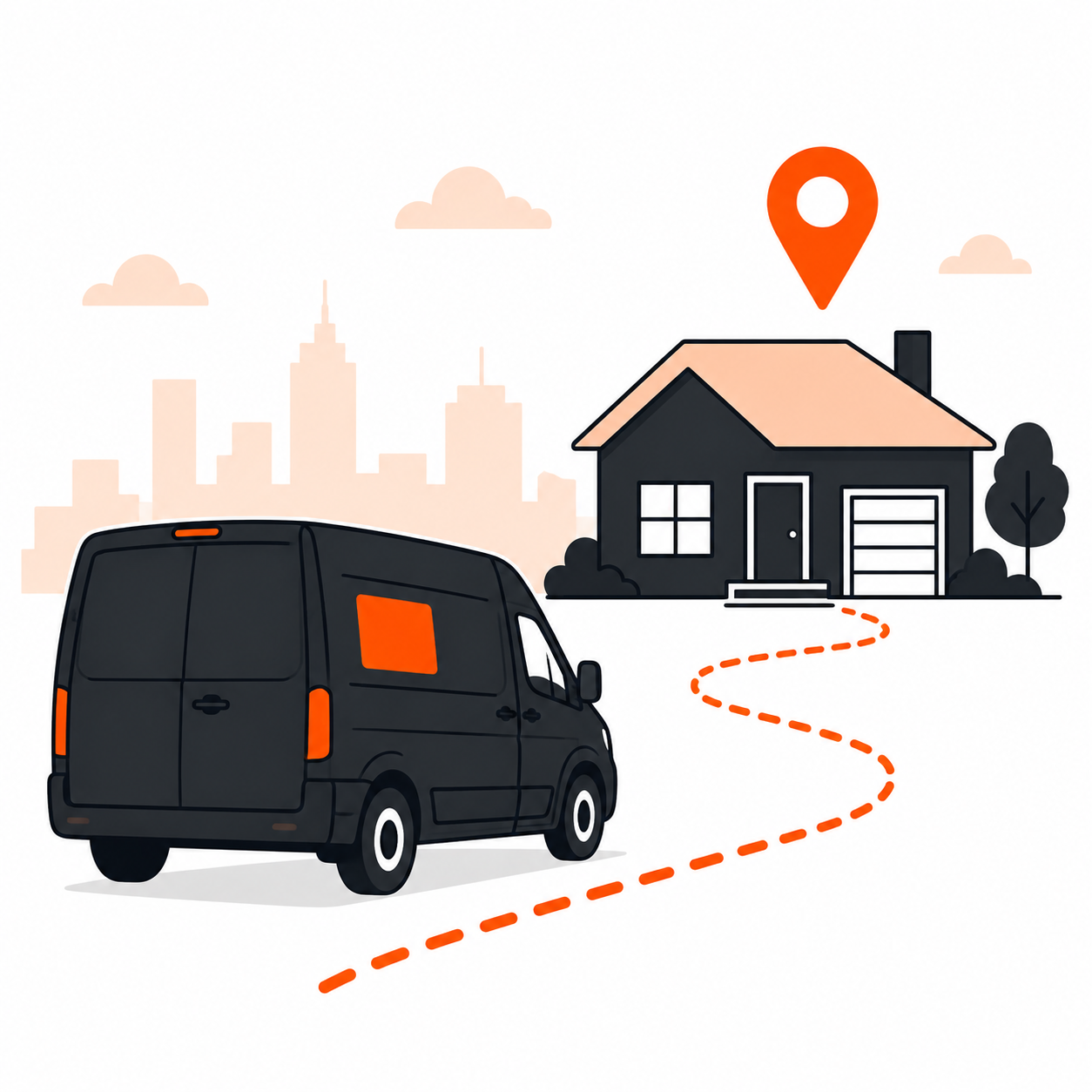 Van driving a dotted route toward a house marked with a map pin
