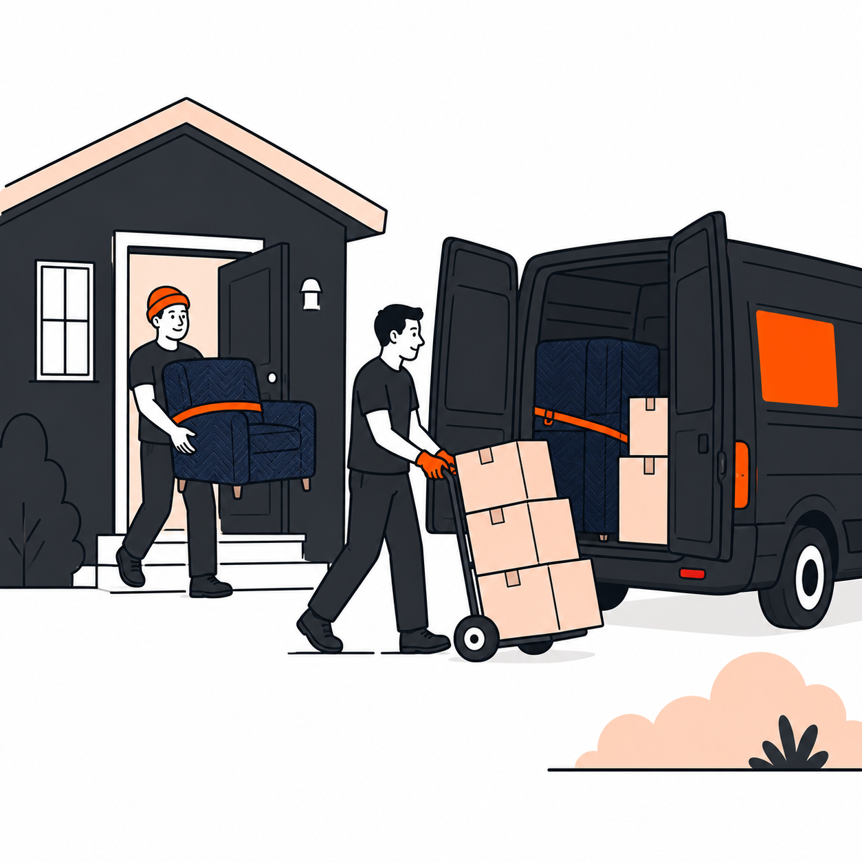 Movers carrying a blanket-wrapped armchair and wheeling boxes into the van