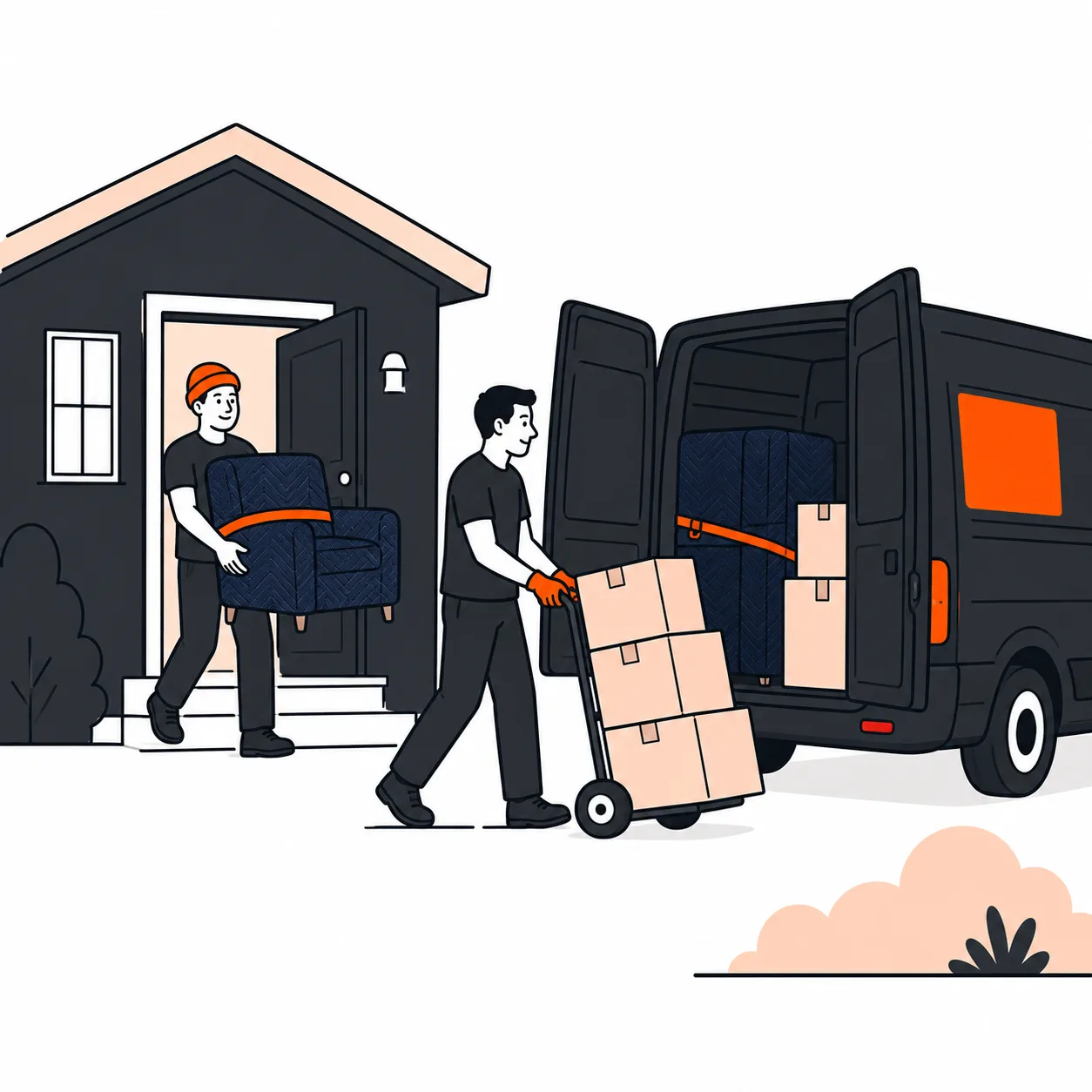 Movers carrying a blanket-wrapped armchair and wheeling boxes into the van