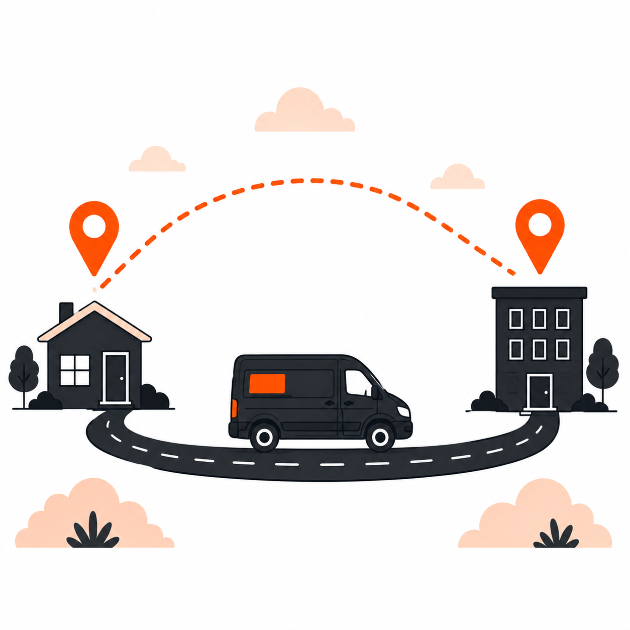 Van travelling the road between two map pins, from house to building