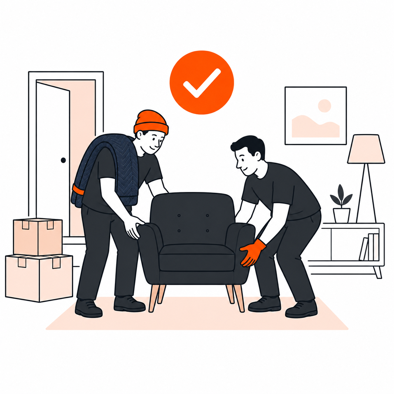 Movers placing an armchair in a living room under an orange checkmark