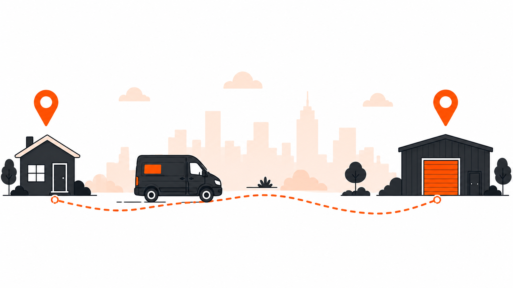 Illustrated route from a house to a storage facility with the Micro Movers van mid-journey