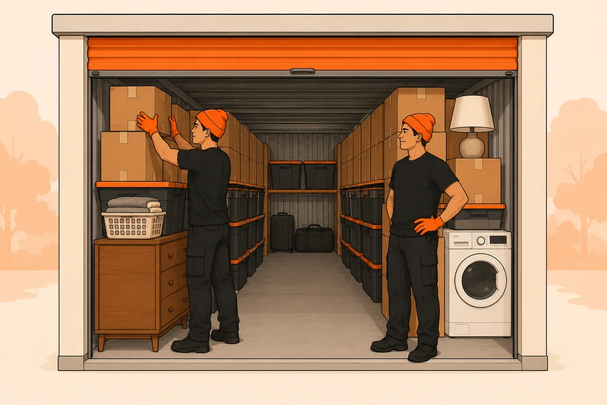 Two illustrated movers organizing a storage unit with heavy items low, boxes stacked safely and a clear centre aisle