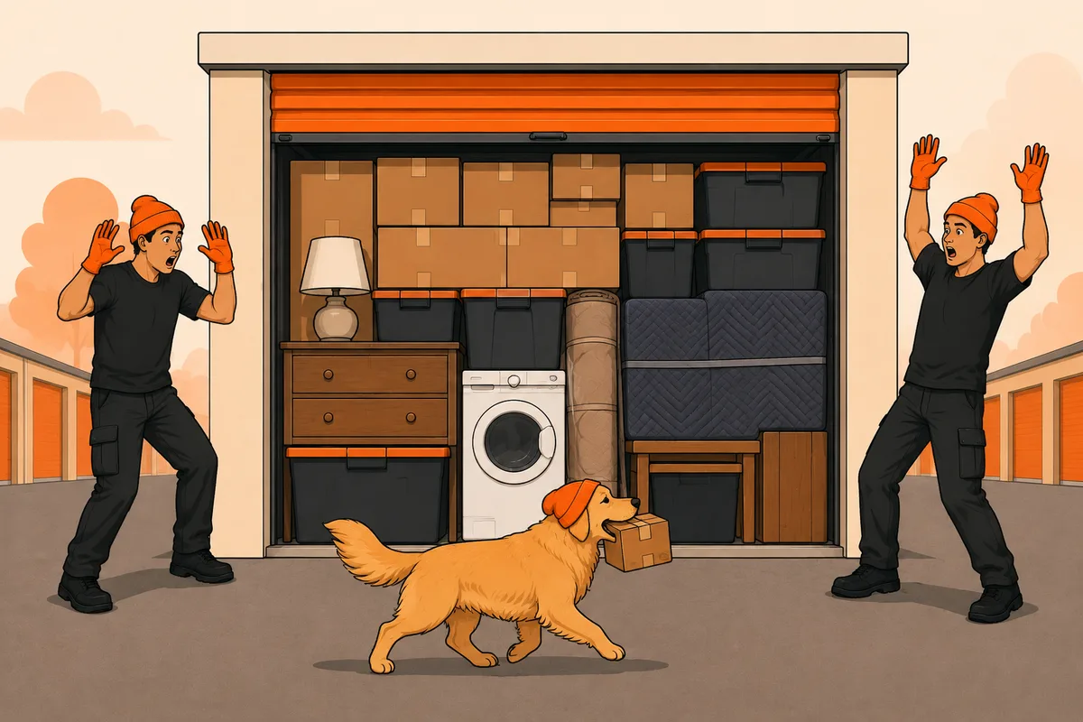 Two illustrated movers react as a golden retriever brings one last box to their perfectly packed storage unit