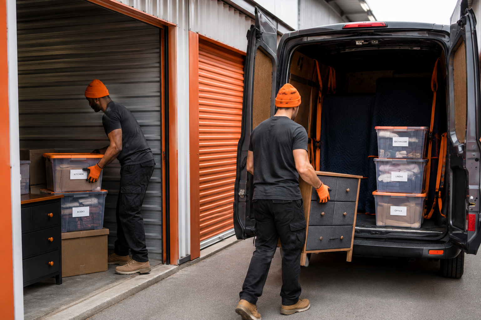 Micro Movers crew loading labelled totes and a dresser from a roll-up storage unit into a cargo van