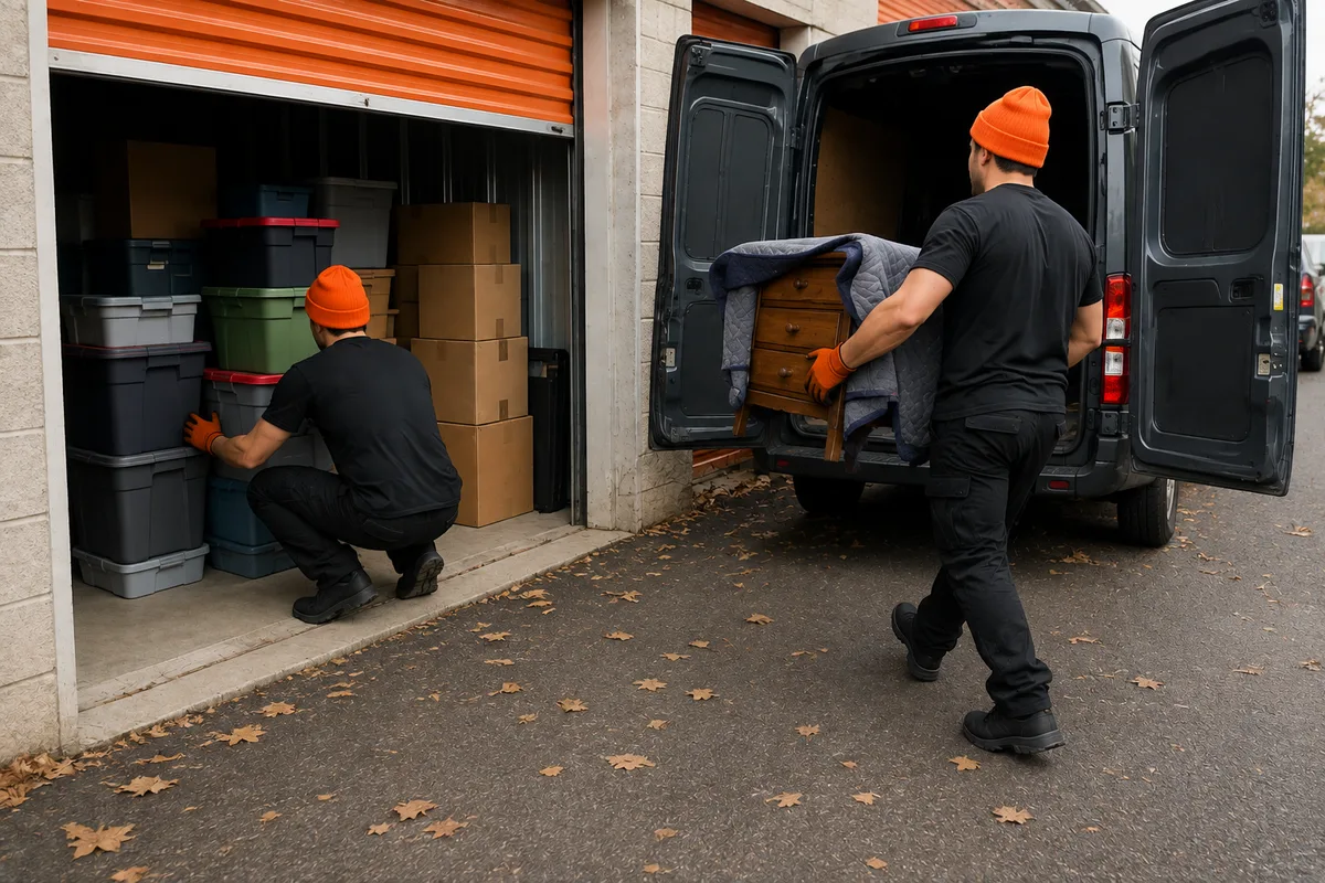 Two Micro Movers crew members transferring a blanket-wrapped dresser and storage totes between a cargo van and an open storage unit