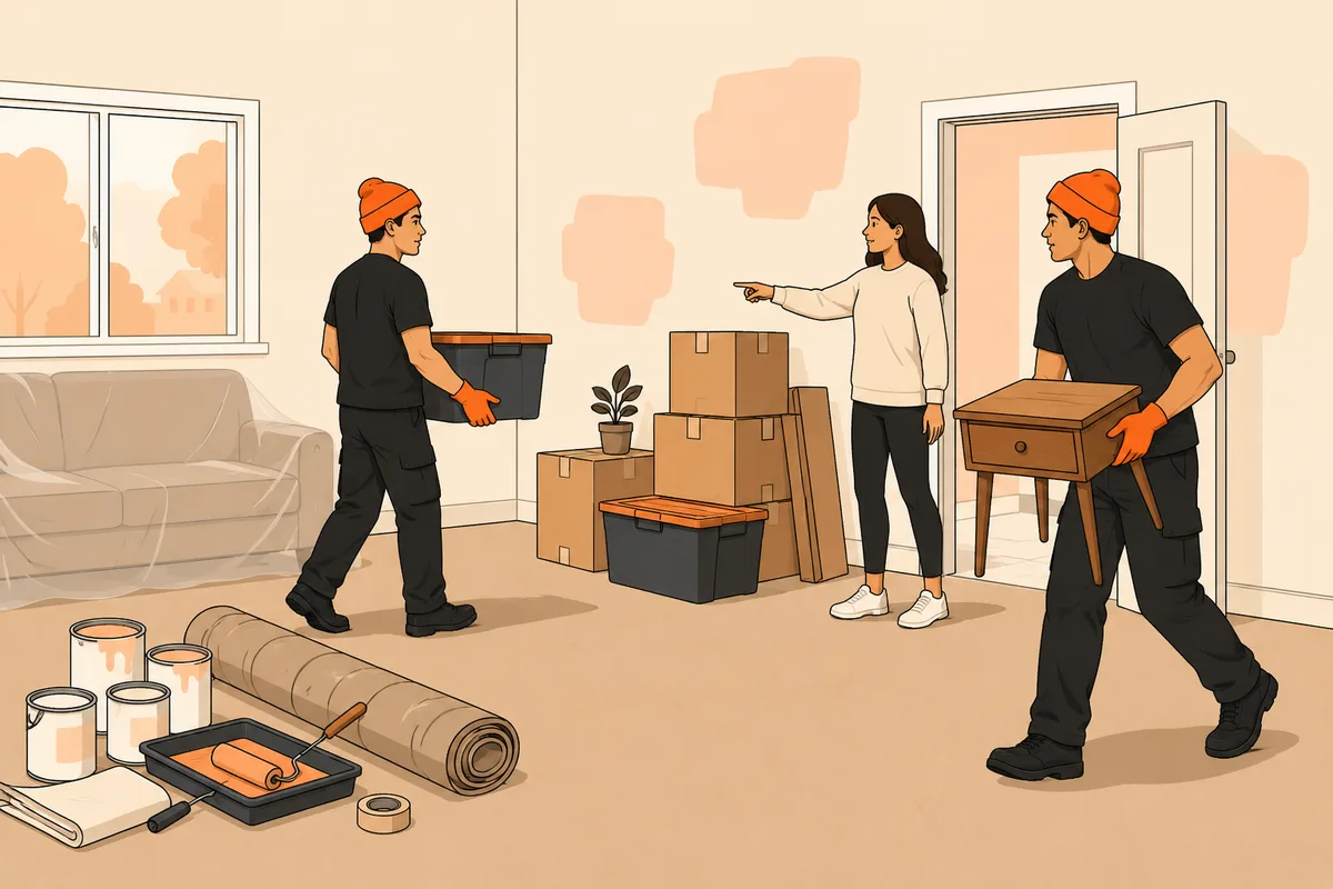 Two illustrated movers clearing boxes, a tote and a side table from a living room before a renovation
