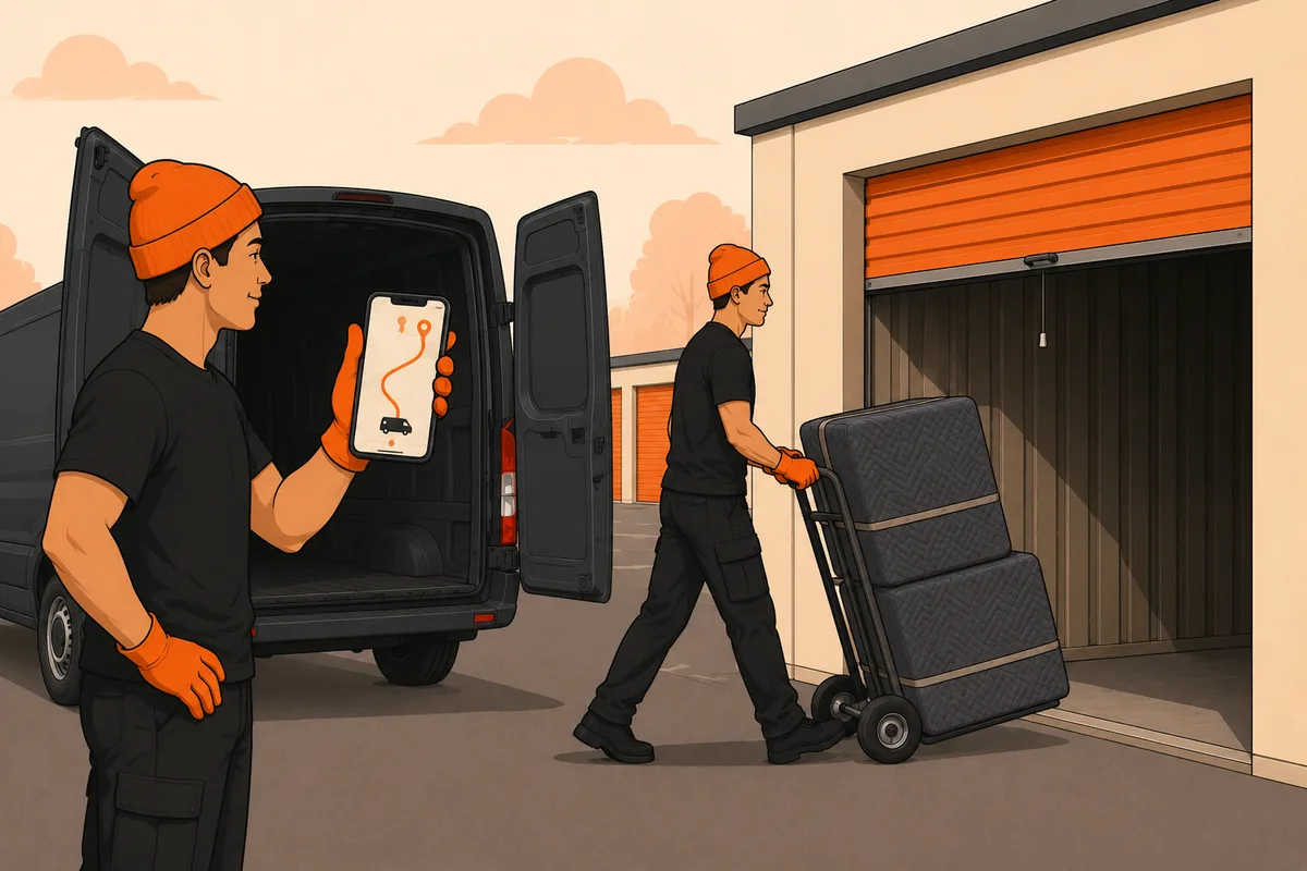 One illustrated mover showing the live van route while another wheels protected furniture into a storage unit