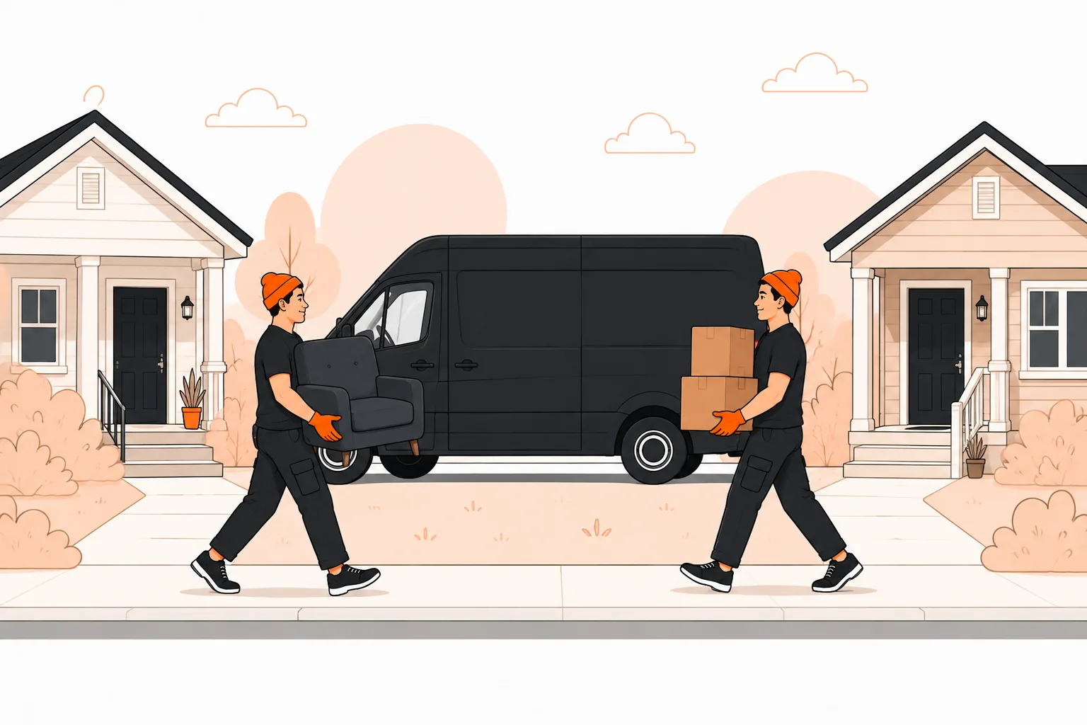 Two movers carrying an armchair and boxes between two houses with the van at the curb