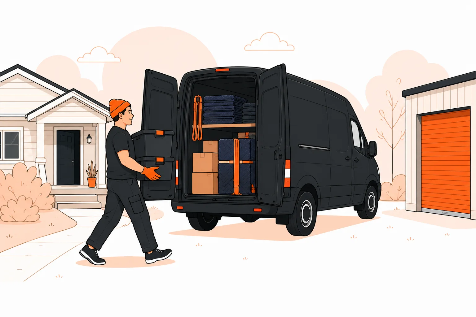 Mover carrying totes from a house to the open Micro Movers van, storage unit ready across the yard