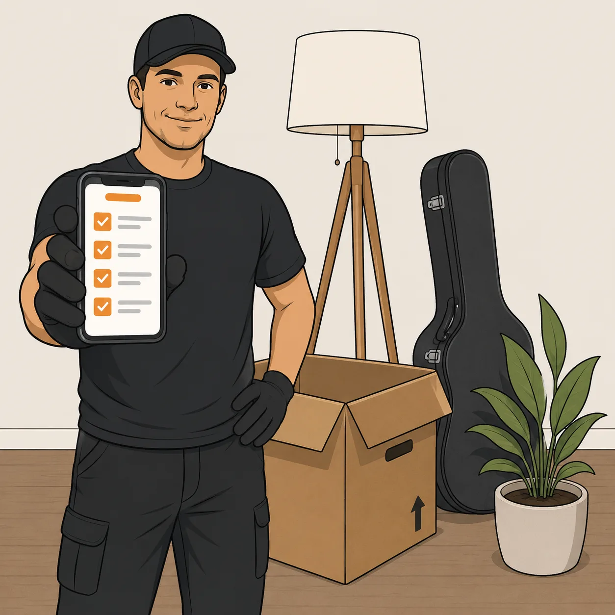 Mover showing a phone checklist beside a lamp, box, guitar case and plant