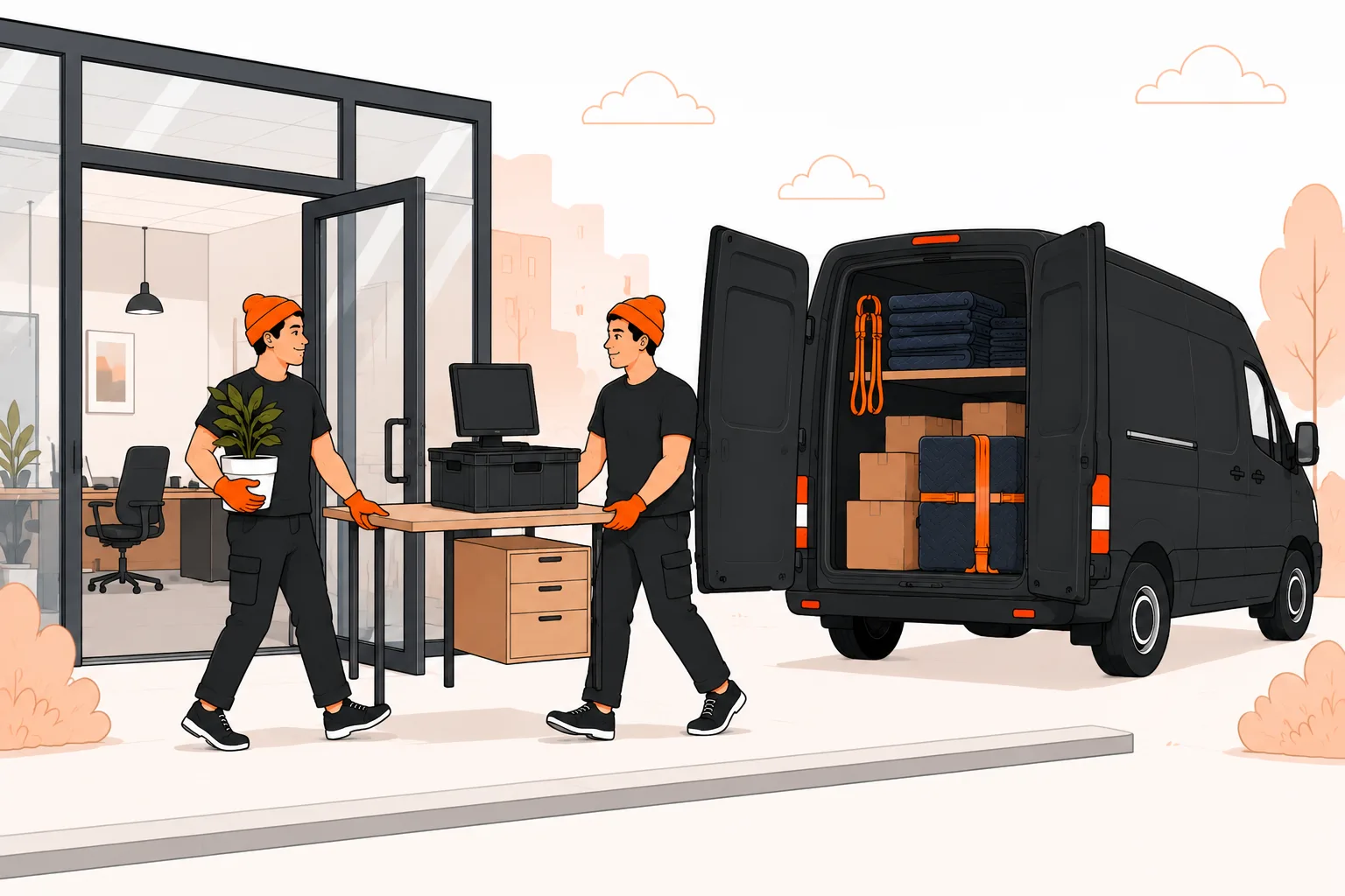 Two movers carrying a desk with a monitor and a plant out of a glass office door