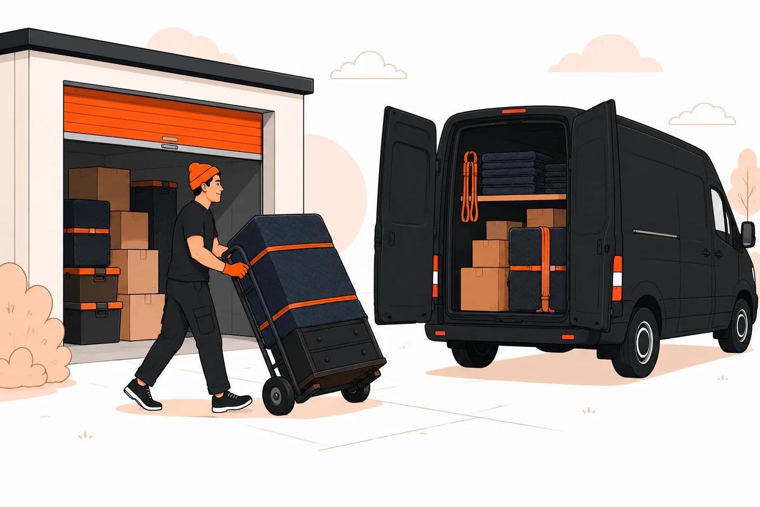 Mover wheeling a blanket-wrapped dresser out of an open storage unit toward the van